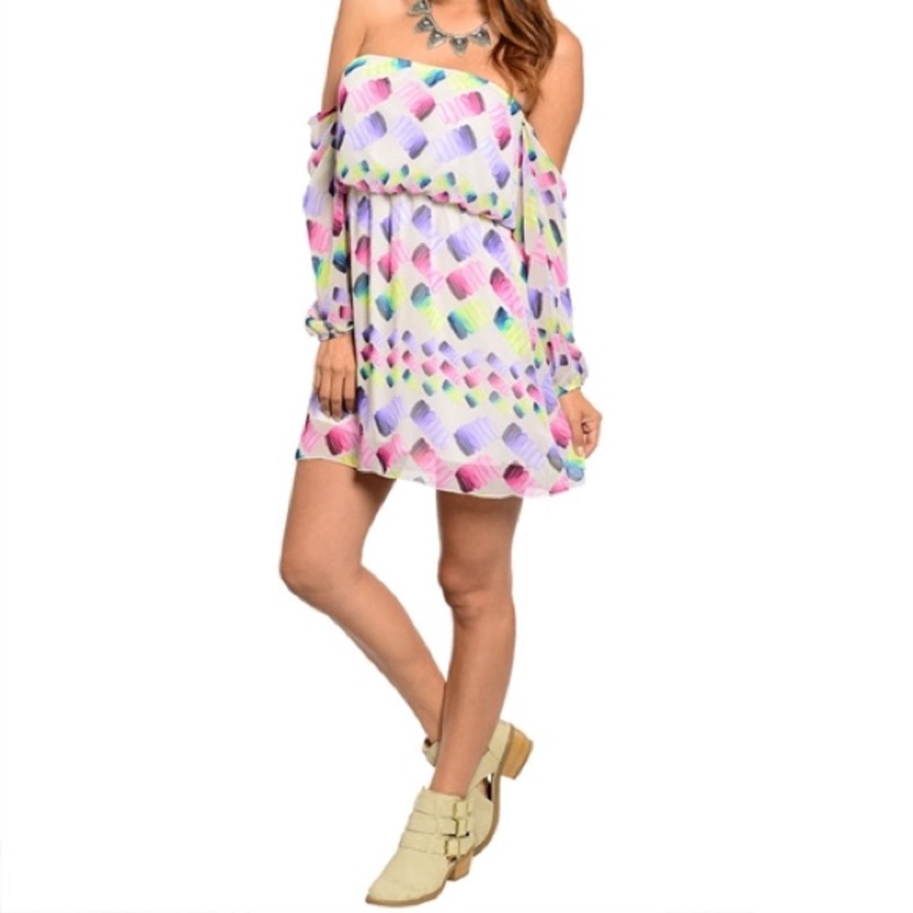 NWOT IVORY PURPLE MULTI COLOR OFF SHOULDER DRESS